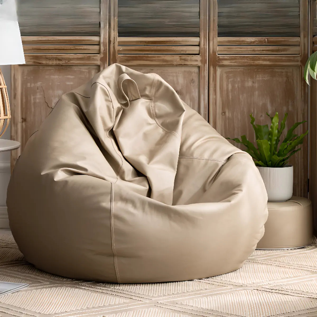 Brown Washable Round Faux Leather Solid Color Bean Bag Image - 2