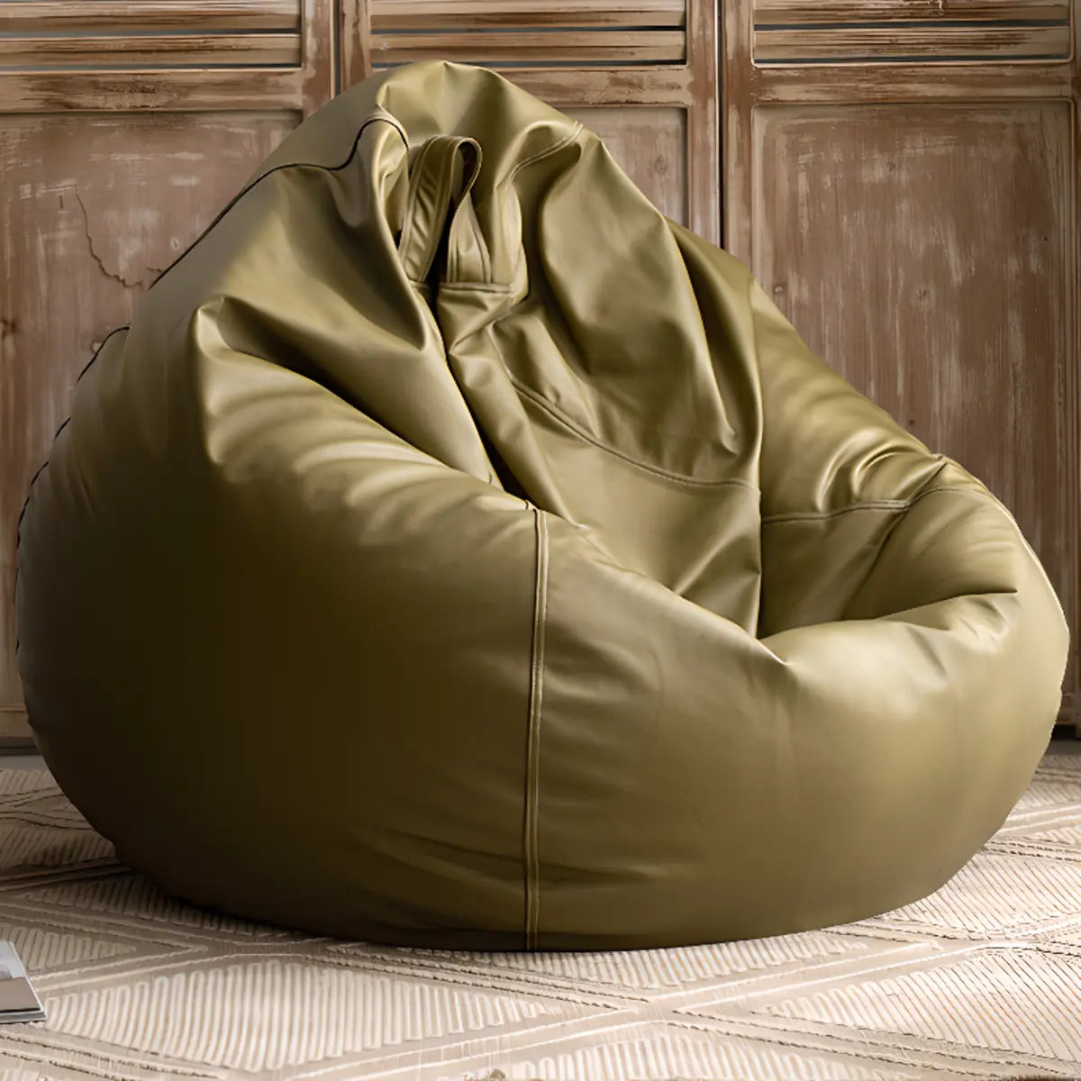 Brown Washable Round Faux Leather Solid Color Bean Bag Image - 3