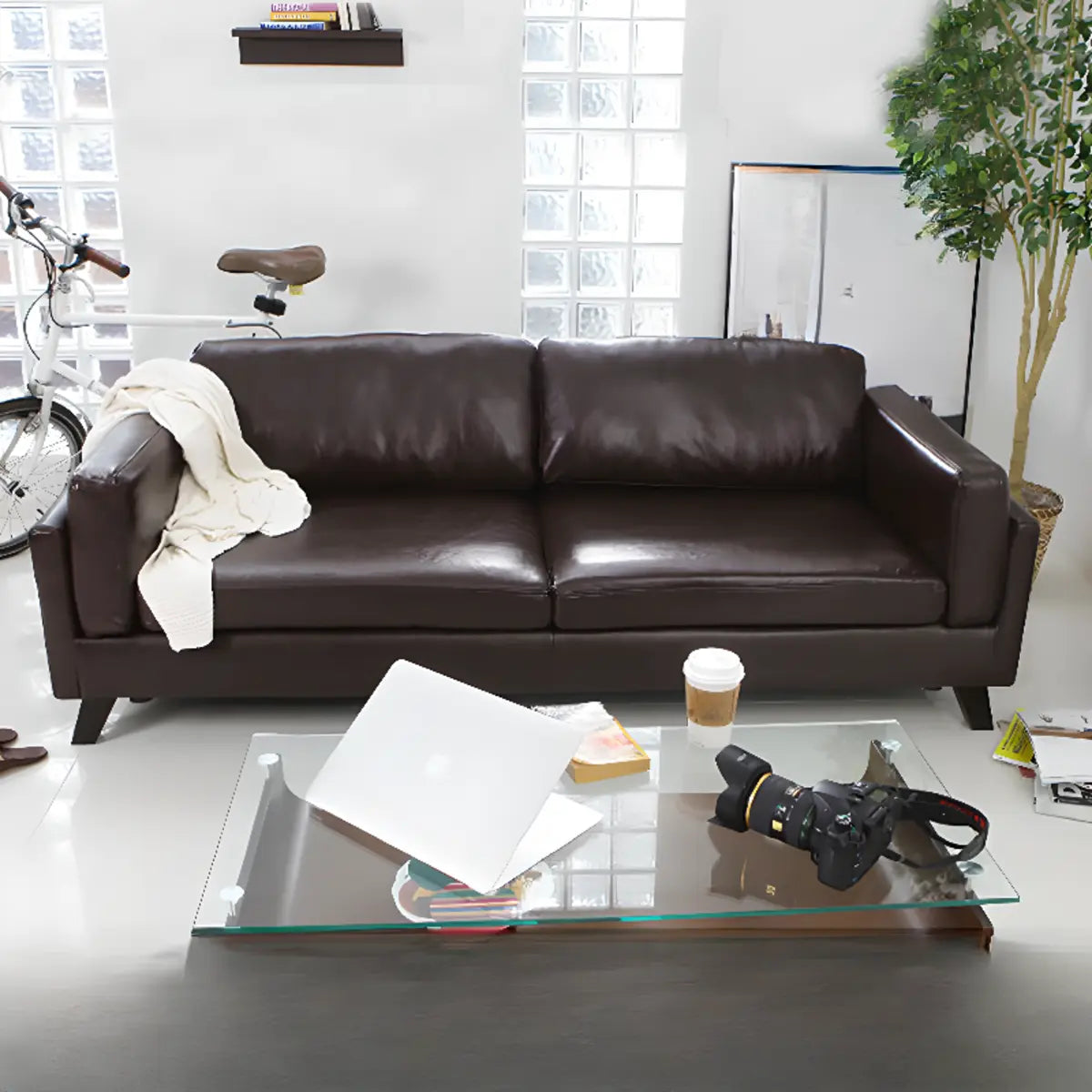 Brown Water-Resistant Leather Upholstered Back Sofa Image - 3