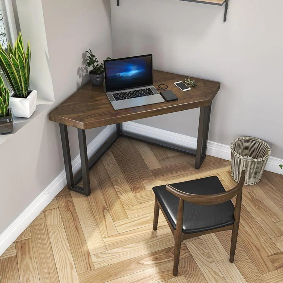 Brown Wood Black Base Fillet-Shaped Small Writing Desk Image - 3