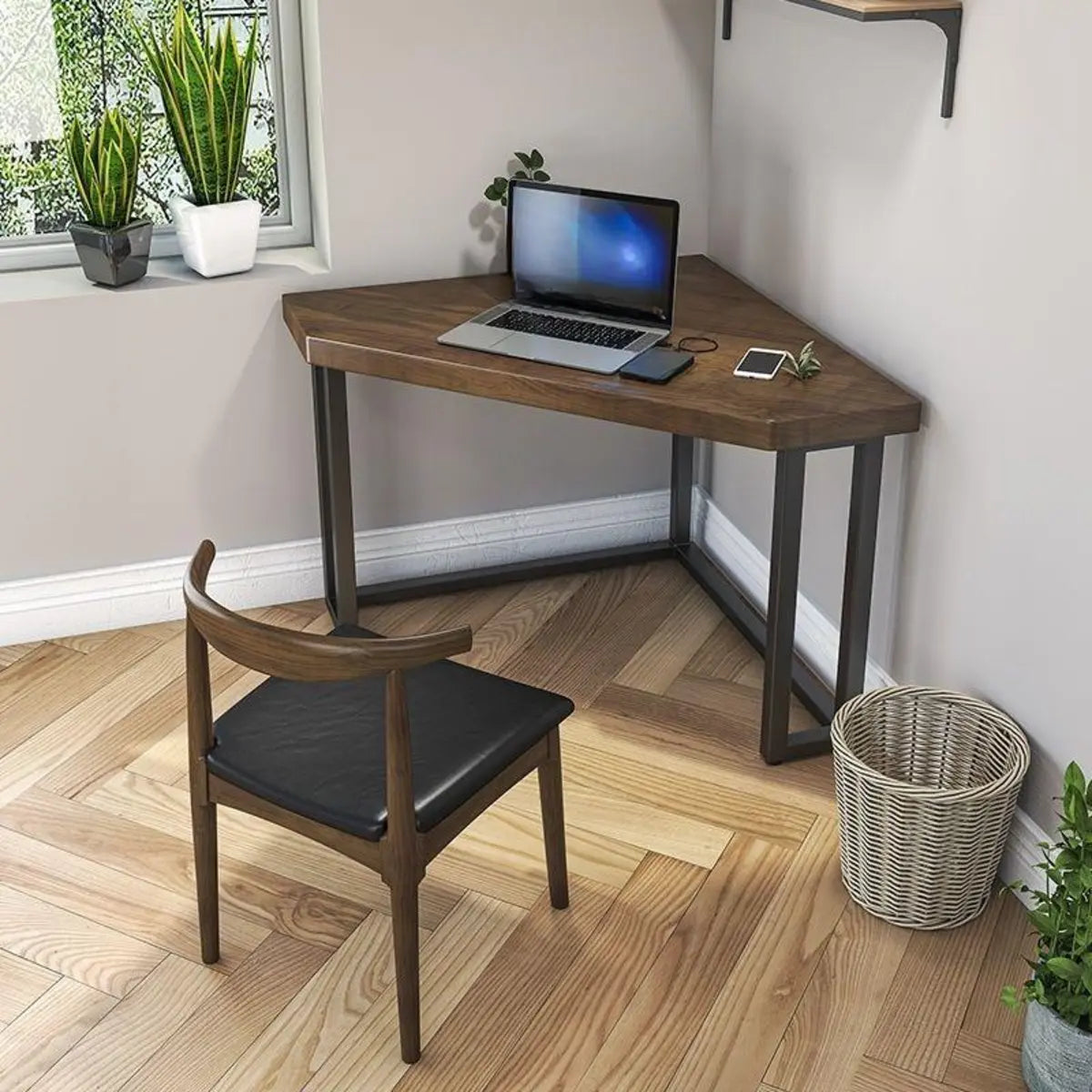 Brown Wood Black Base Fillet-Shaped Small Writing Desk Image - 4