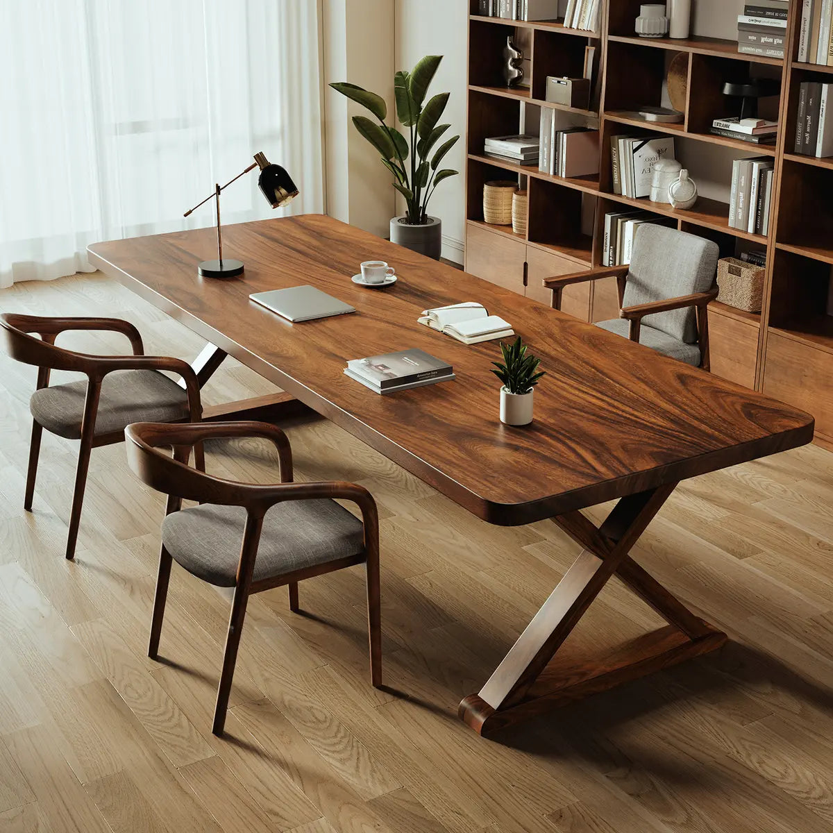 Brown Wood Butcher Block Multi-Person Writing Desk Image - 1