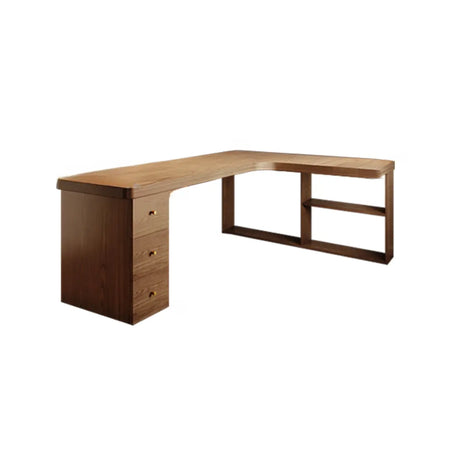 Brown Wood Drawers Exterior Shelf L-Shape Computer Desk Image - 2