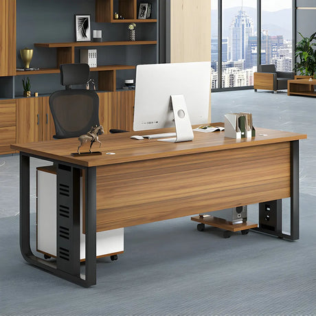 Brown Wood Drawers Storage Steel Sled Computer Desk Image - 2