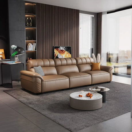 Brown Wood Frame Leather Three Seater Reception Sofa Image - 1