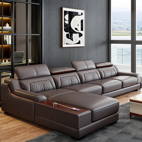 Brown Wood Frame Scratch Resistant Leather Sectional Image - 1