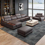 Brown Wood Frame Scratch Resistant Leather Sectional Image - 4