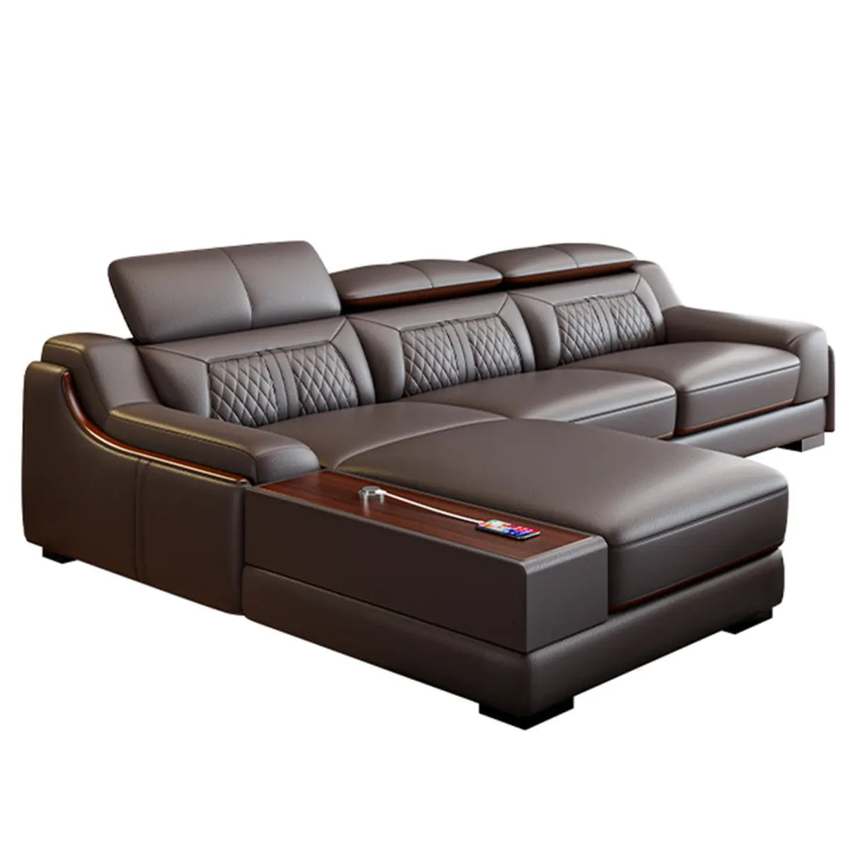 Brown Wood Frame Scratch Resistant Leather Sectional Image - 5