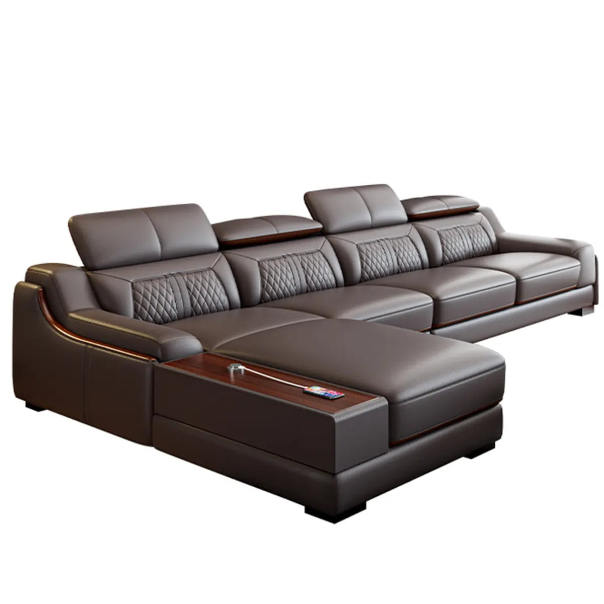 Brown Wood Frame Scratch Resistant Leather Sectional Image - 7