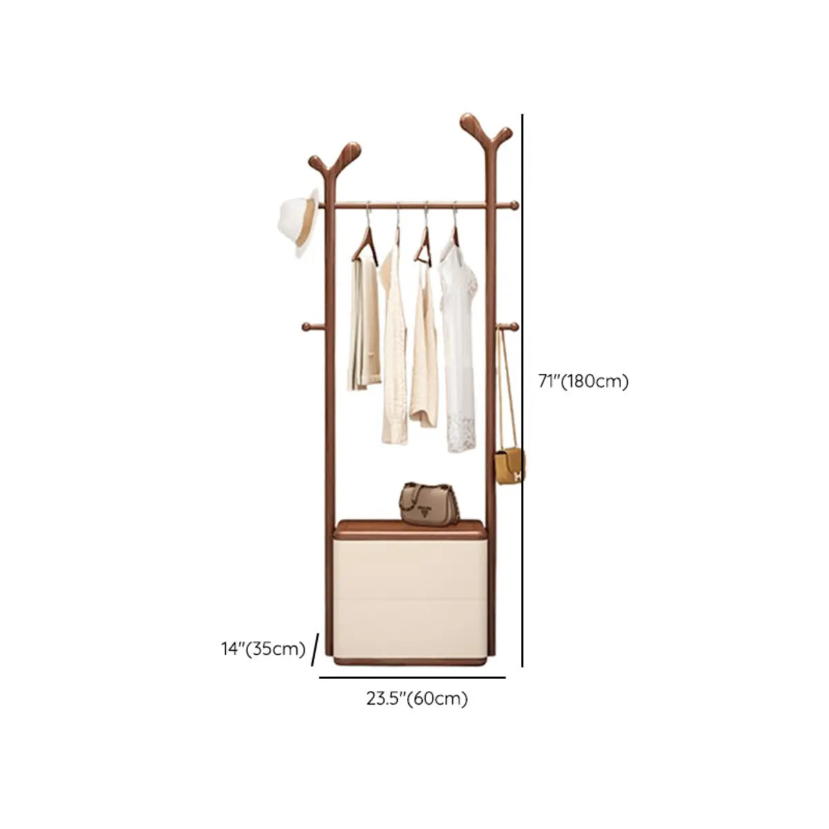 Brown Wood Freestanding Open Storage Hooks Coat Rack 