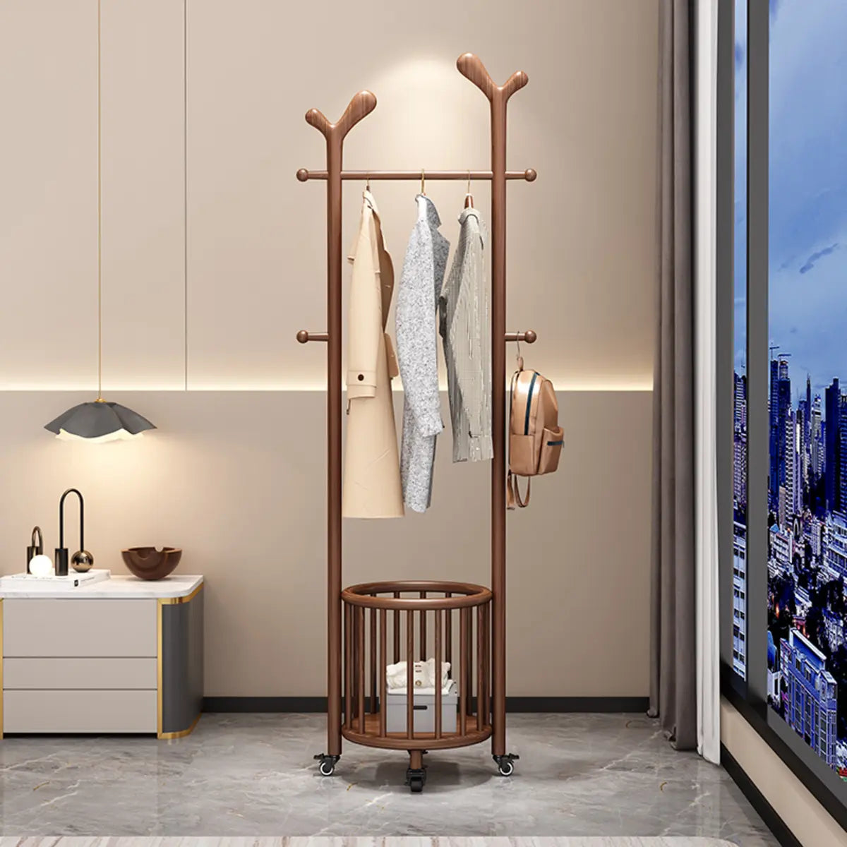 Brown Wood Freestanding Open Storage Hooks Coat Rack Image - 2