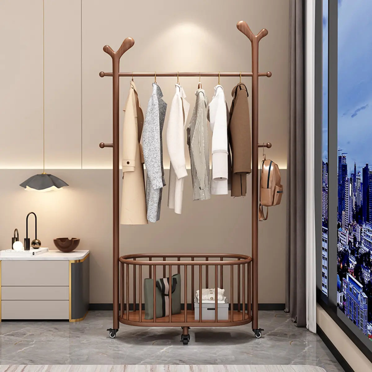 Brown Wood Freestanding Open Storage Hooks Coat Rack Image - 5