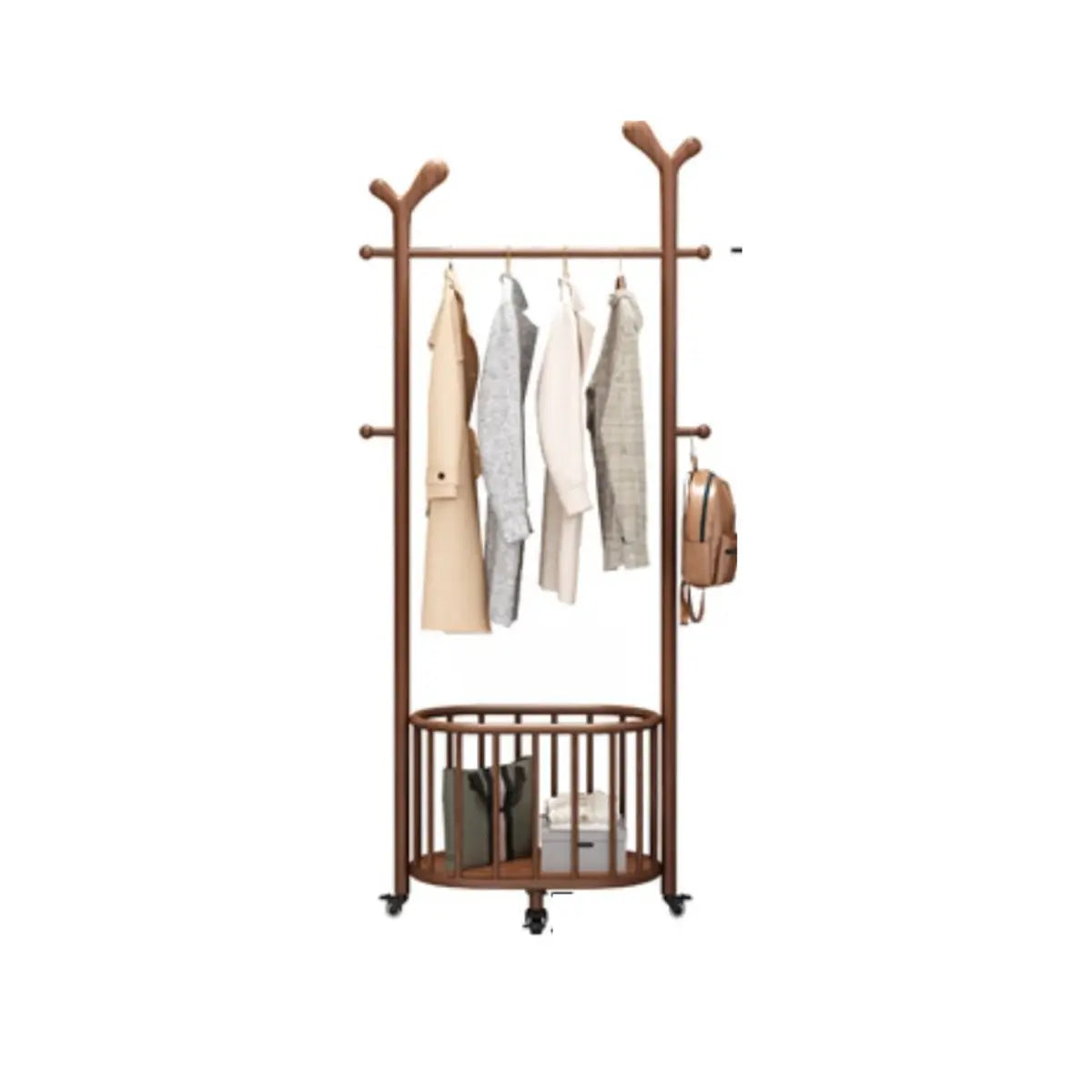 Brown Wood Freestanding Open Storage Hooks Coat Rack Image - 7