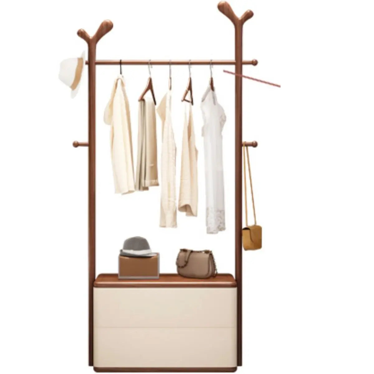 Brown Wood Freestanding Open Storage Hooks Coat Rack Image - 9