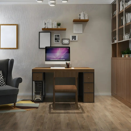 Brown Wood Rectangle Drawers Storage Long Computer Desk Image - 1