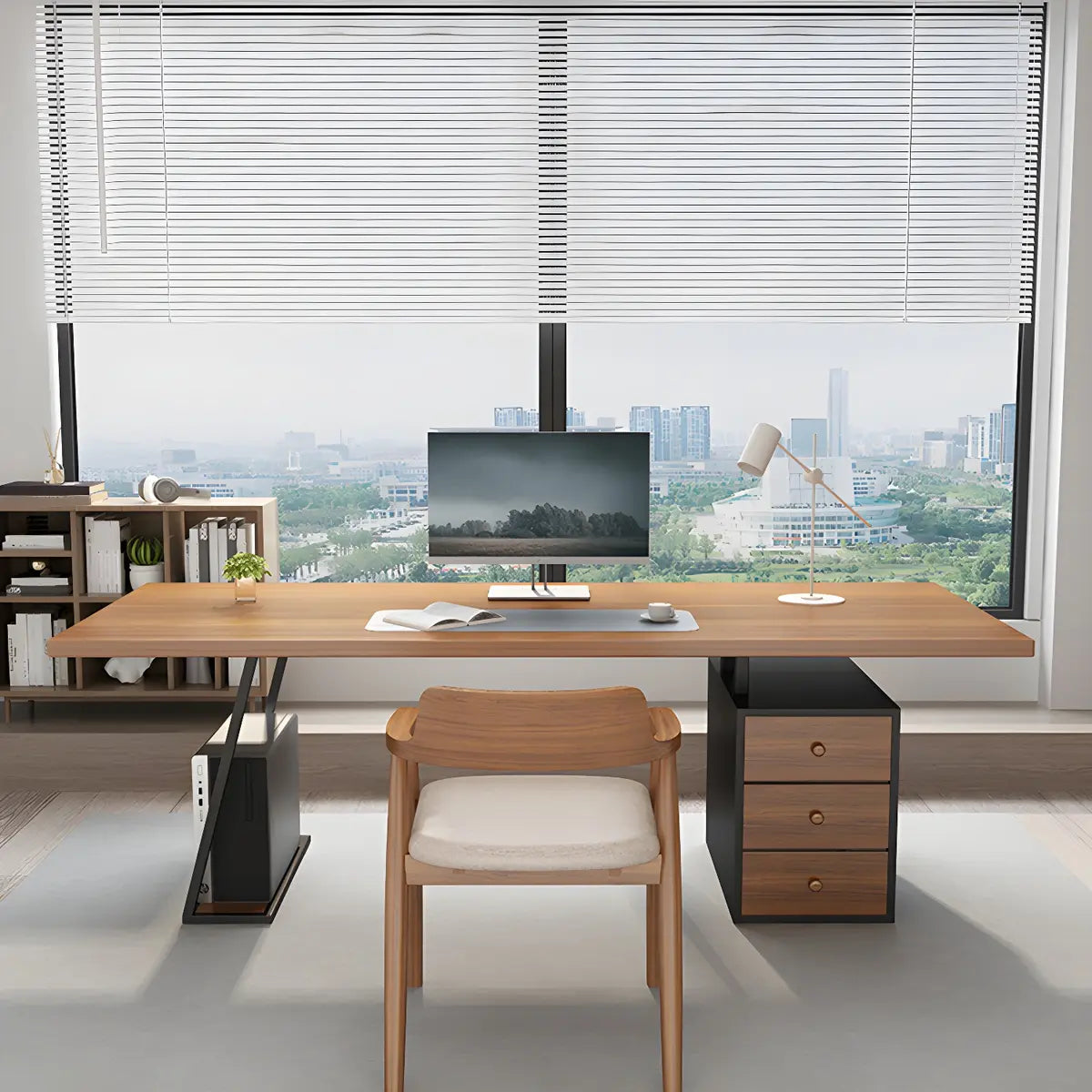 Brown Wood Rectangle Storage Drawers Computer Desk Image - 3