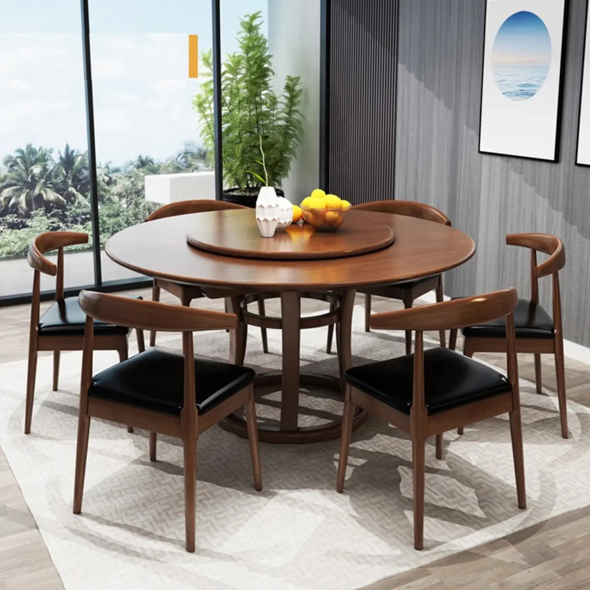 Brown Wood Round Dining Table Set with Frame Base Image - 1