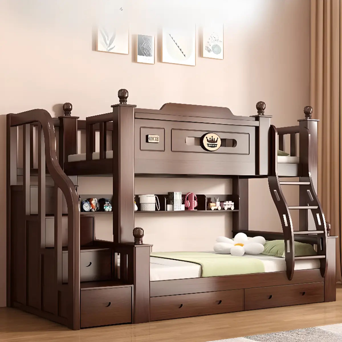 Brown Wood Storage Bunk Bed with Mattress and Bookcase Image - 1