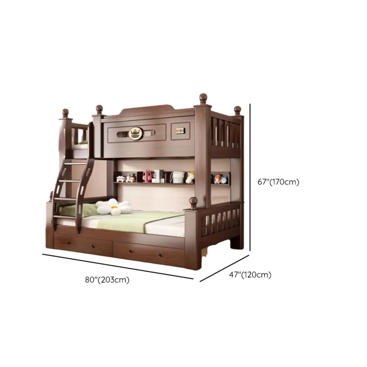 Brown Wood Storage Bunk Bed with Mattress and Bookcase 