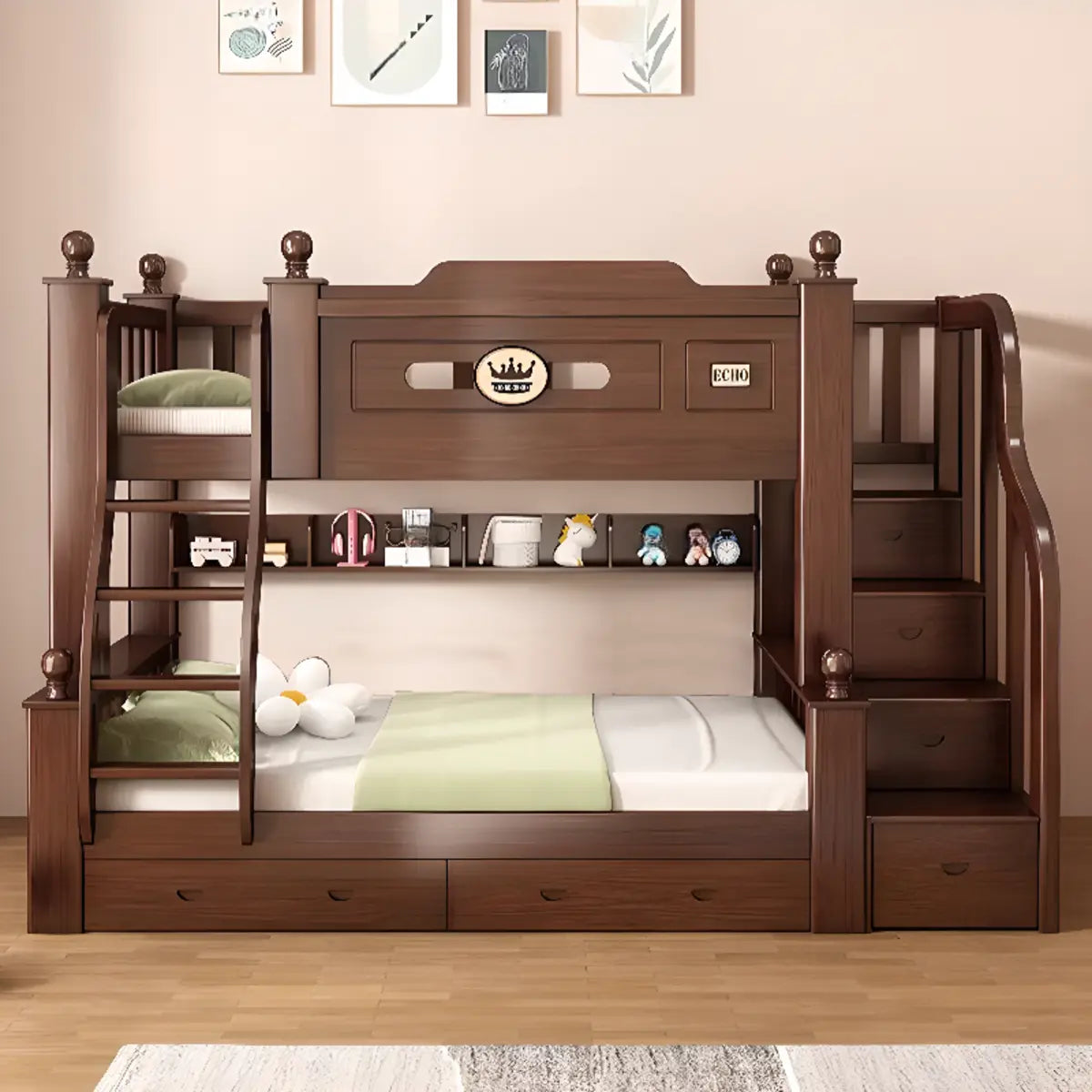 Brown Wood Storage Bunk Bed with Mattress and Bookcase Image - 6