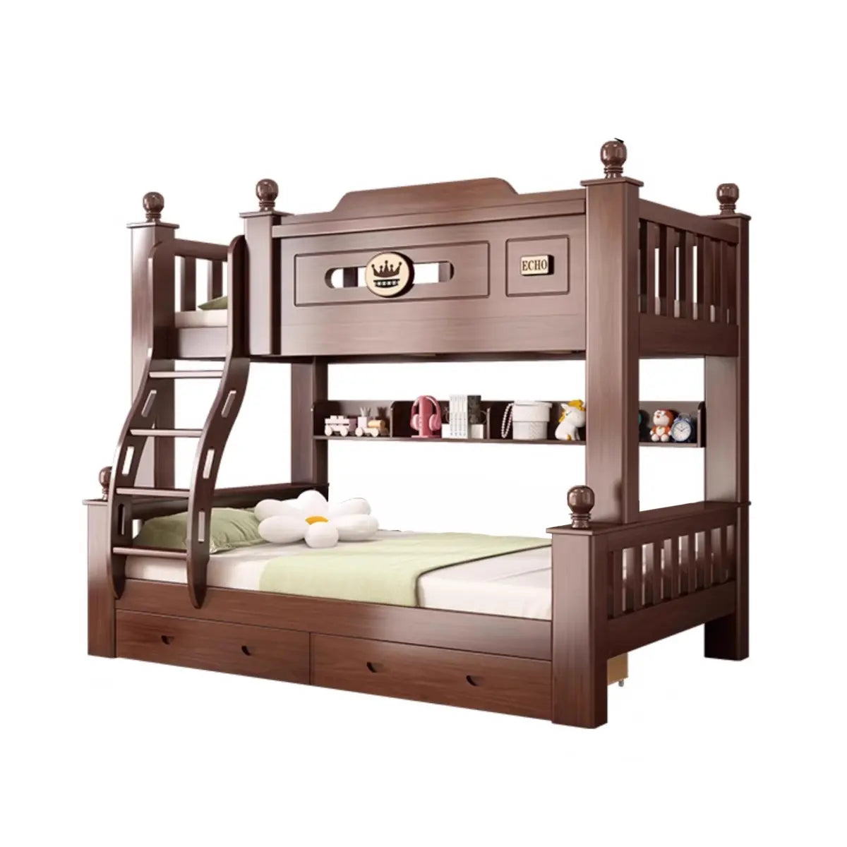 Brown Wood Storage Bunk Bed with Mattress and Bookcase Image - 8