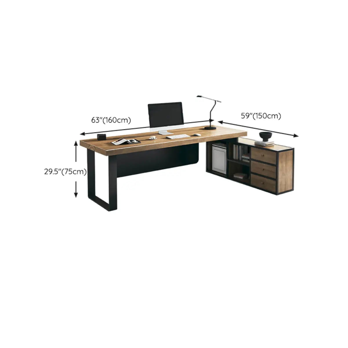 Brown Wood Storage Shelf Drawers L-Shape Executive Desk 