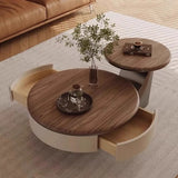 Brown Wood Top Nesting Round Coffee Table with Drawers Image - 3