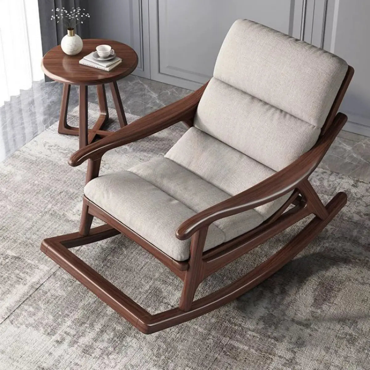 Brown Wood Track Arms Rocking Chair with Ottoman Image - 3