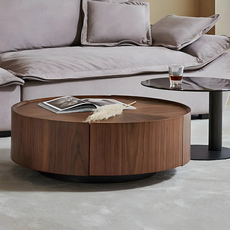 Brown Wood Tray Top Round Coffee Table with Drawers Image - 1