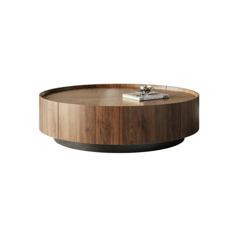 Brown Wood Tray Top Round Coffee Table with Drawers Image - 2