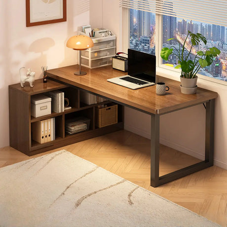 Brown Wooden Exterior Shelf L-Shaped Writing Desk Image - 2