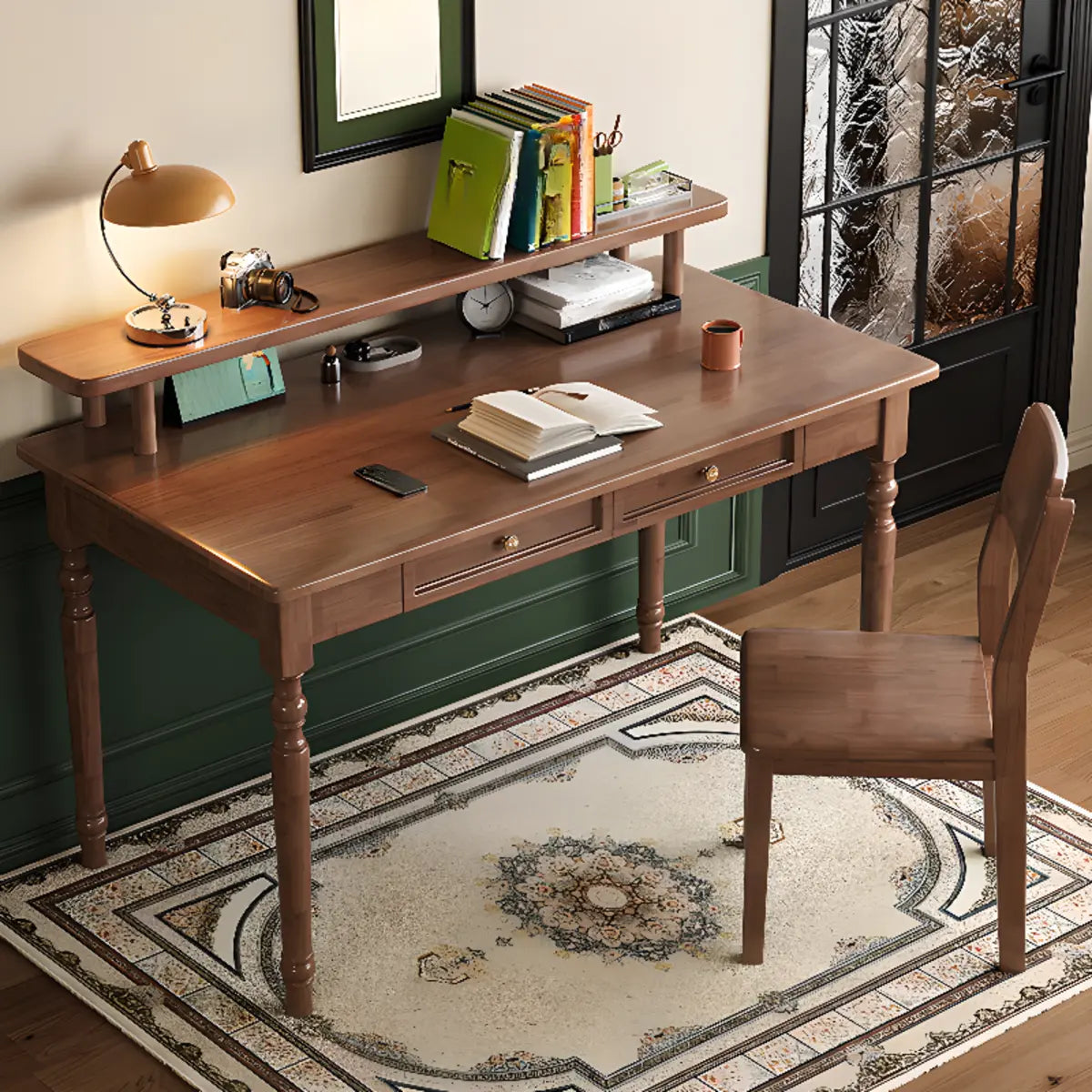 Brown Wooden Hutch Drawers Rectangle Writing Desk Image - 1