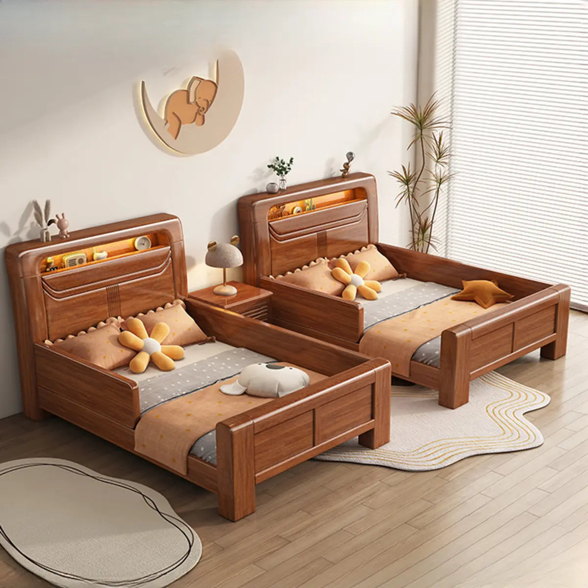 Brown Wooden Kids Bed with Guardrail and Footboard Image - 1