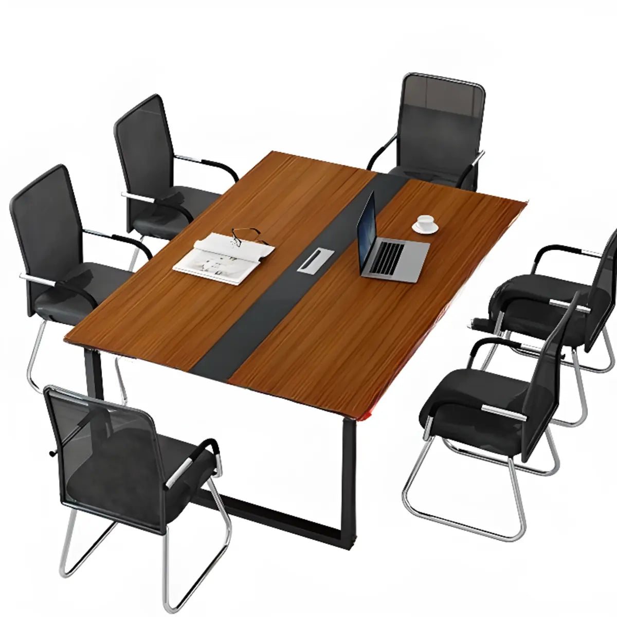 Brown Wooden Rectangle Black Base Long Executive Desk Image - 9