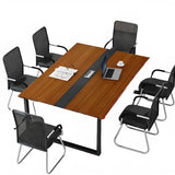 Brown Wooden Rectangle Black Base Long Executive Desk Image - 9