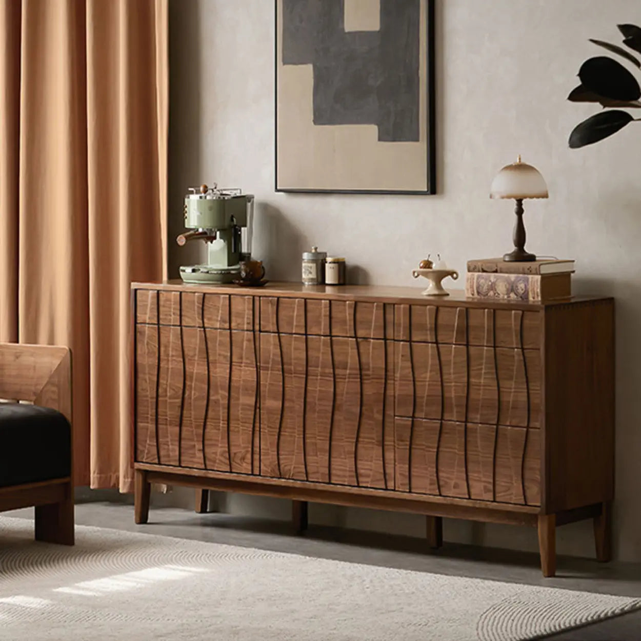 Brown Wooden Sideboard with Shelves and Cabinets Image - 1