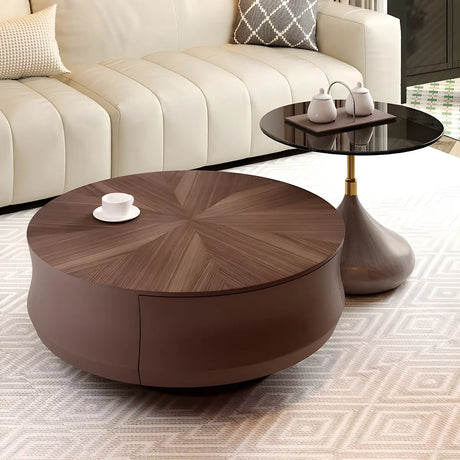 Brown Wooden Texture Round Coffee Table with Storage Image - 1