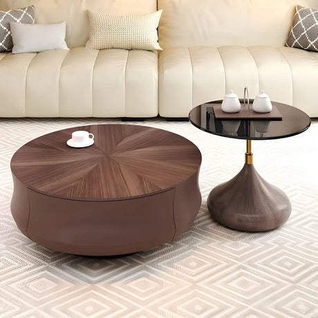 Brown Wooden Texture Round Coffee Table with Storage Image - 2