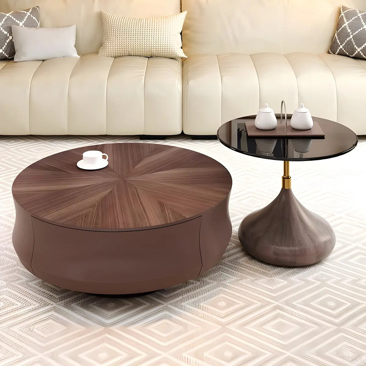 Brown Wooden Texture Round Coffee Table with Storage Image - 4