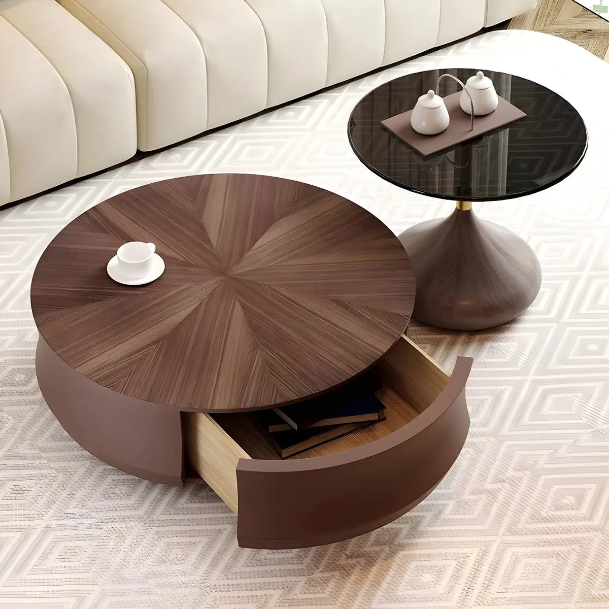 Brown Wooden Texture Round Coffee Table with Storage Image - 6