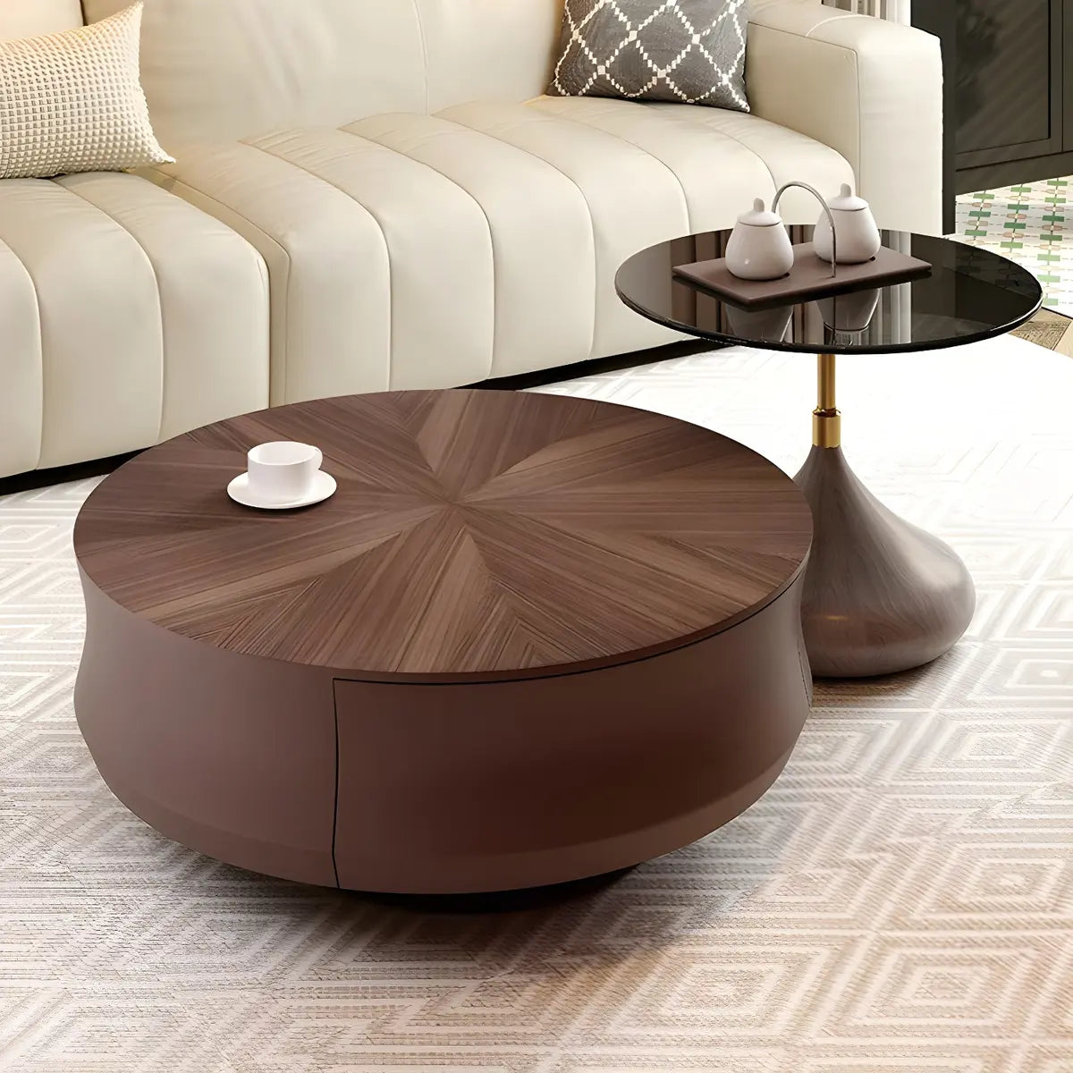 Brown Wooden Texture Round Coffee Table with Storage Image - 7