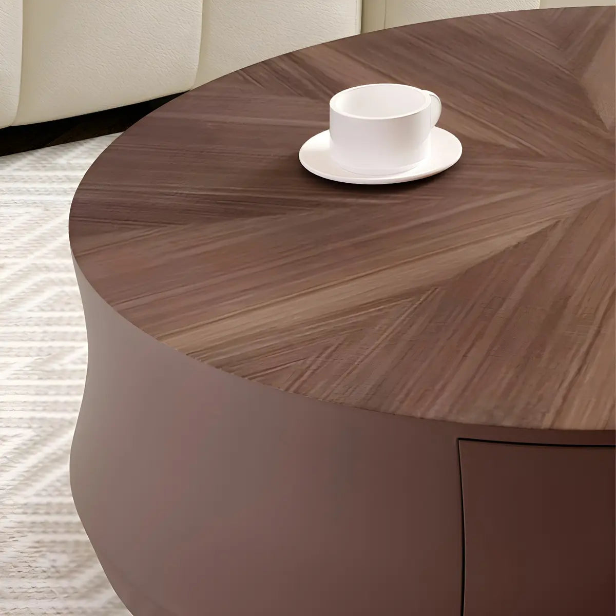 Brown Wooden Texture Round Coffee Table with Storage Image - 9