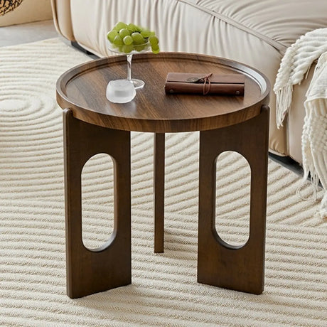 Brown Wooden Tray Top Three Leg Round Coffee Table Image - 2