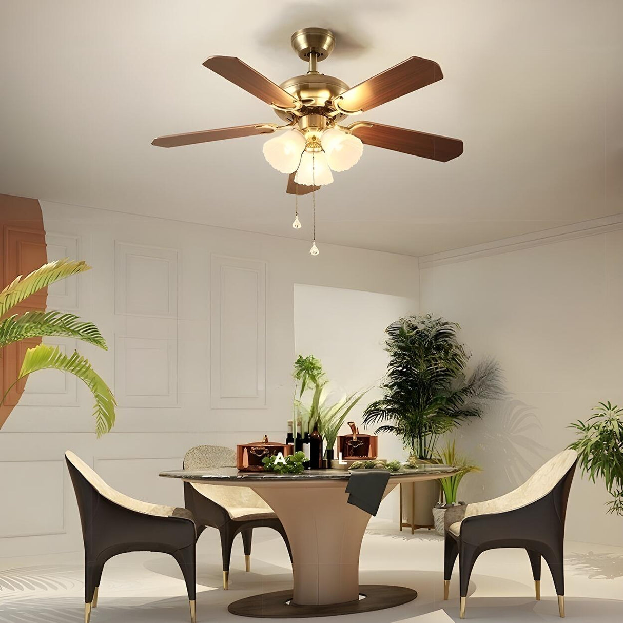 Brushed Nickel Flowers Wood Blades Ceiling Fan Light Image - 18