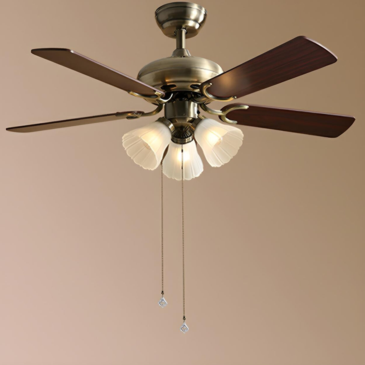 Brushed Nickel Flowers Wood Blades Ceiling Fan Light Image - 2