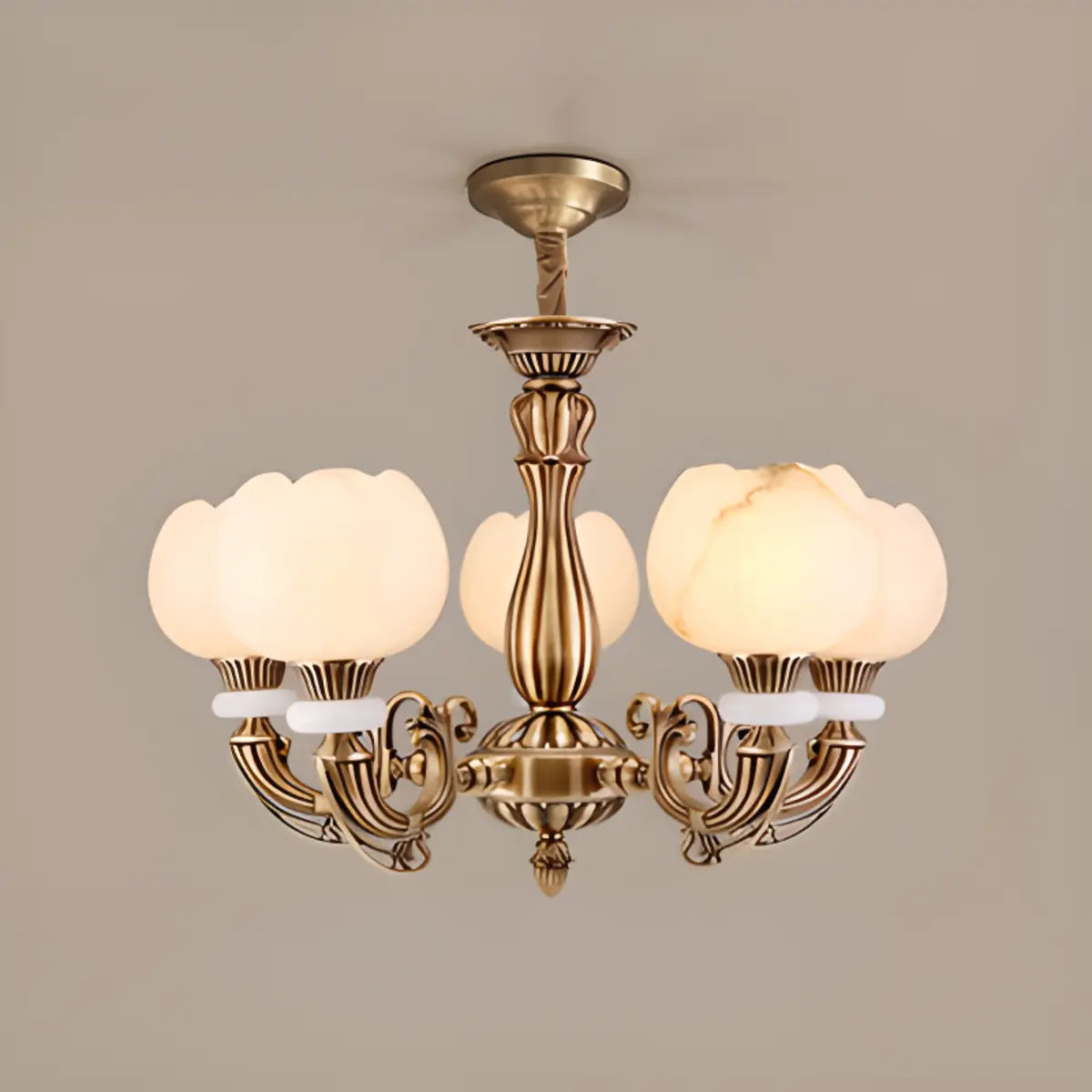 Bud Tiered Stone Metal Gold Living Room Chandelier Image - 6