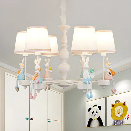 Bunny Drum Fabric Resin Kids Room Pink 6-Light Chandelier Image - 1