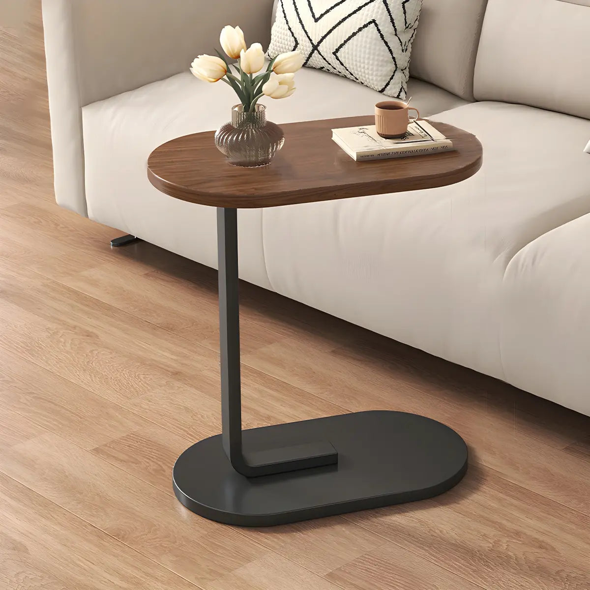 C-Shaped Oval Walnut Iron Base Minimalist Side Table Image - 13