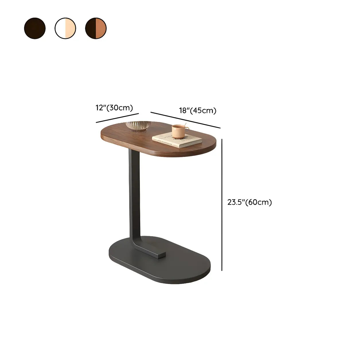 C-Shaped Oval Walnut Iron Base Minimalist Side Table 