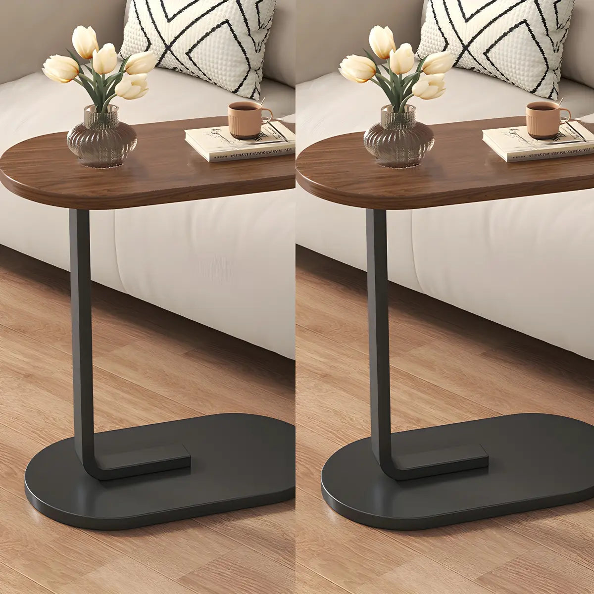 C-Shaped Oval Walnut Iron Base Minimalist Side Table Image - 2